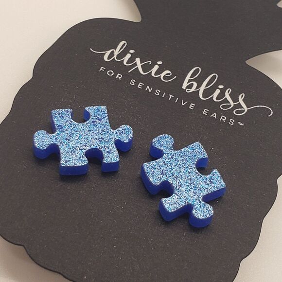 Dixie Bliss Autism Awareness Puzzle Piece Glitter Earrings Blue Hypoallergenic - Picture 3 of 4